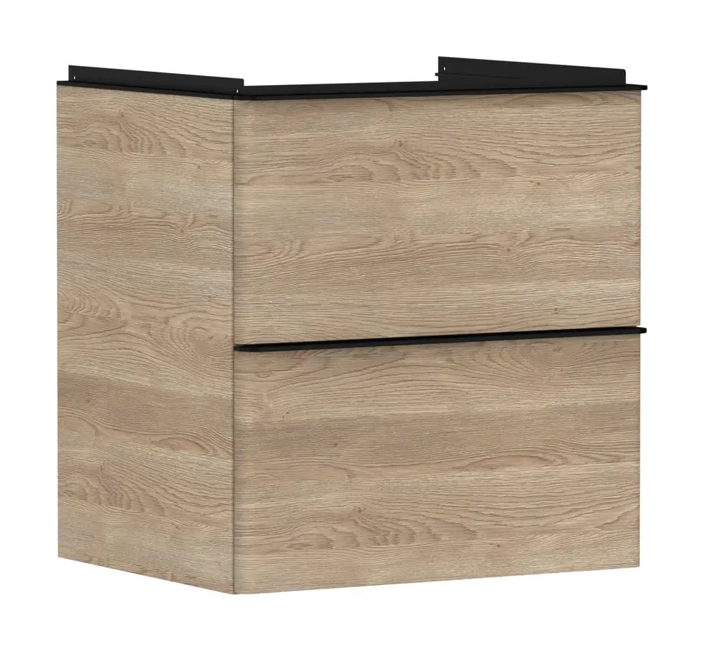 Waschtischunterschrank in Holzoptik mit zwei Schubkästen, geeignet für Waschtisch. Aus der Produktreihe von Hansgrohe, funktional und schlicht gestaltet.